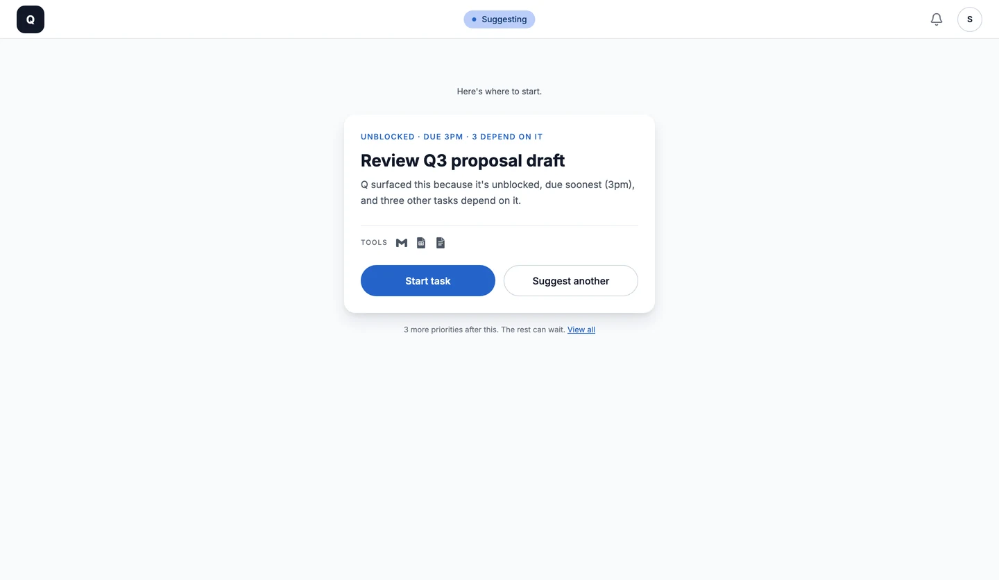 Activate: one card with rule tags, reason and Start task / Suggest another.