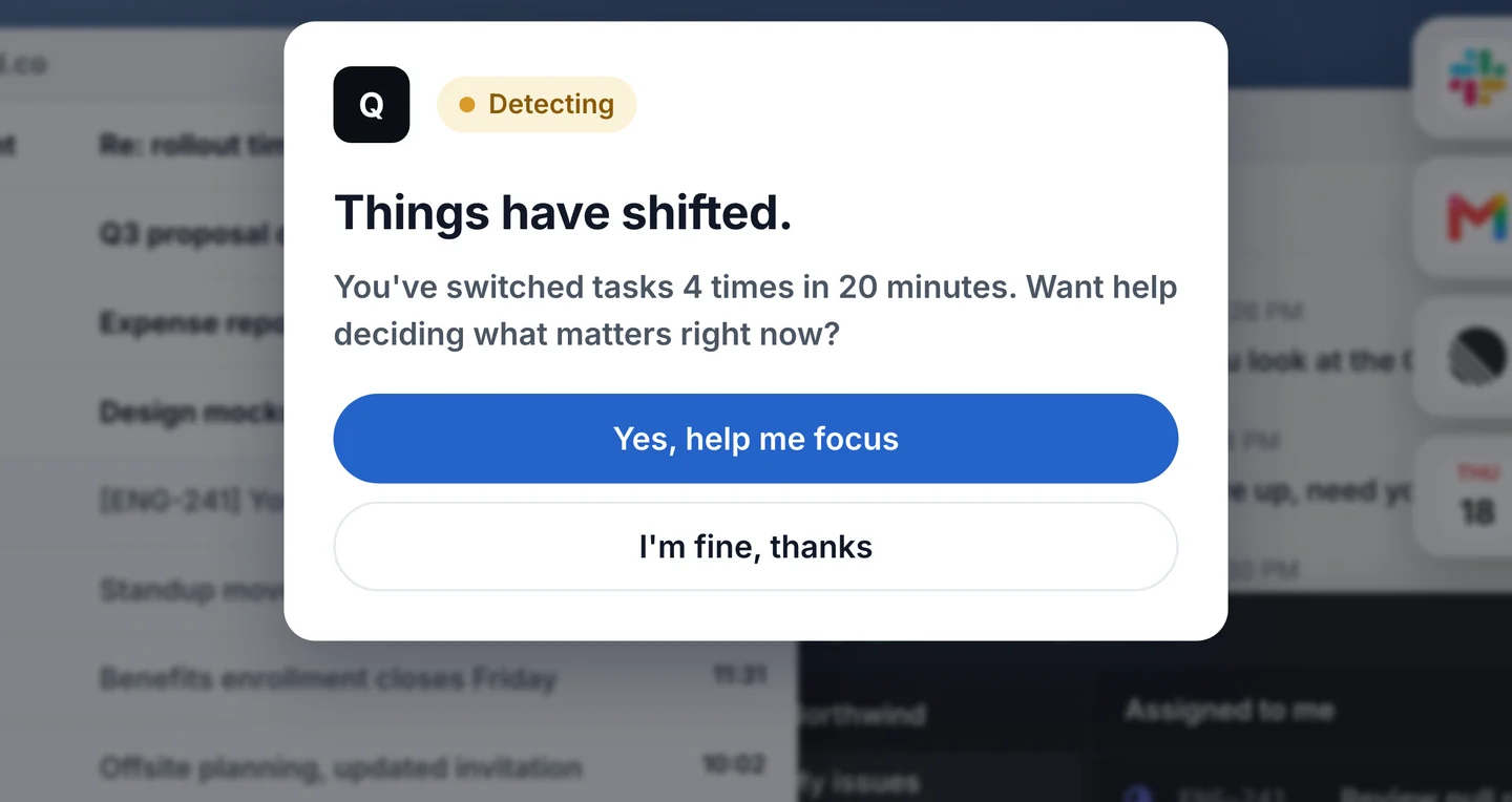 Concept frame: Q's prompt over a busy desktop.