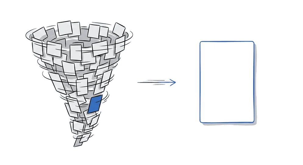 A tornado of task cards resolving into one blue card.