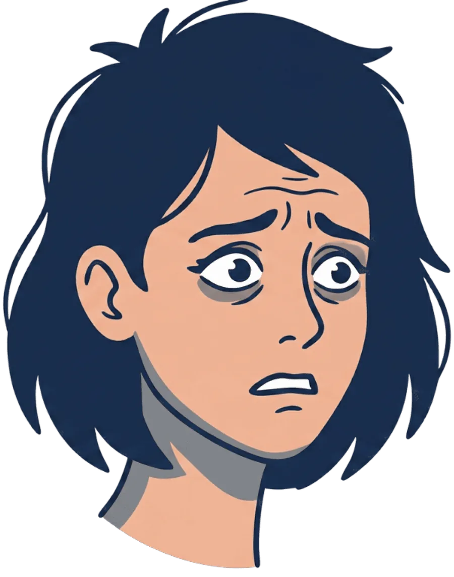 Illustration of a woman with wide, anxious eyes.