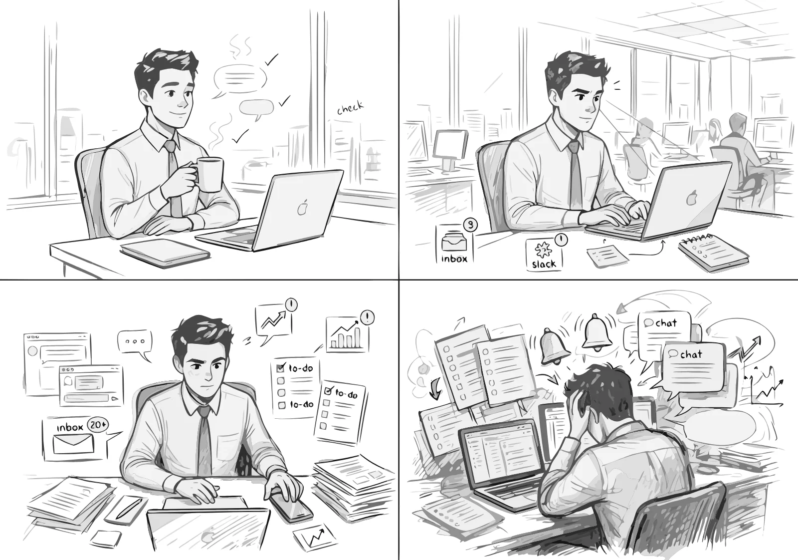 Four-panel storyboard of Sam's day.