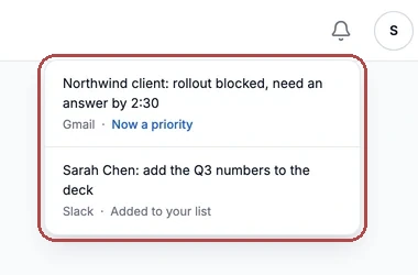 The bell open after All clear, outlined in red: the Northwind item tagged 'Now a priority' and Sarah's request tagged 'Added to your list'.