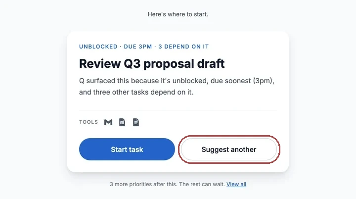 The Activate card: Review Q3 proposal draft, its rule tags and reason, and Start task beside Suggest another, outlined in red.