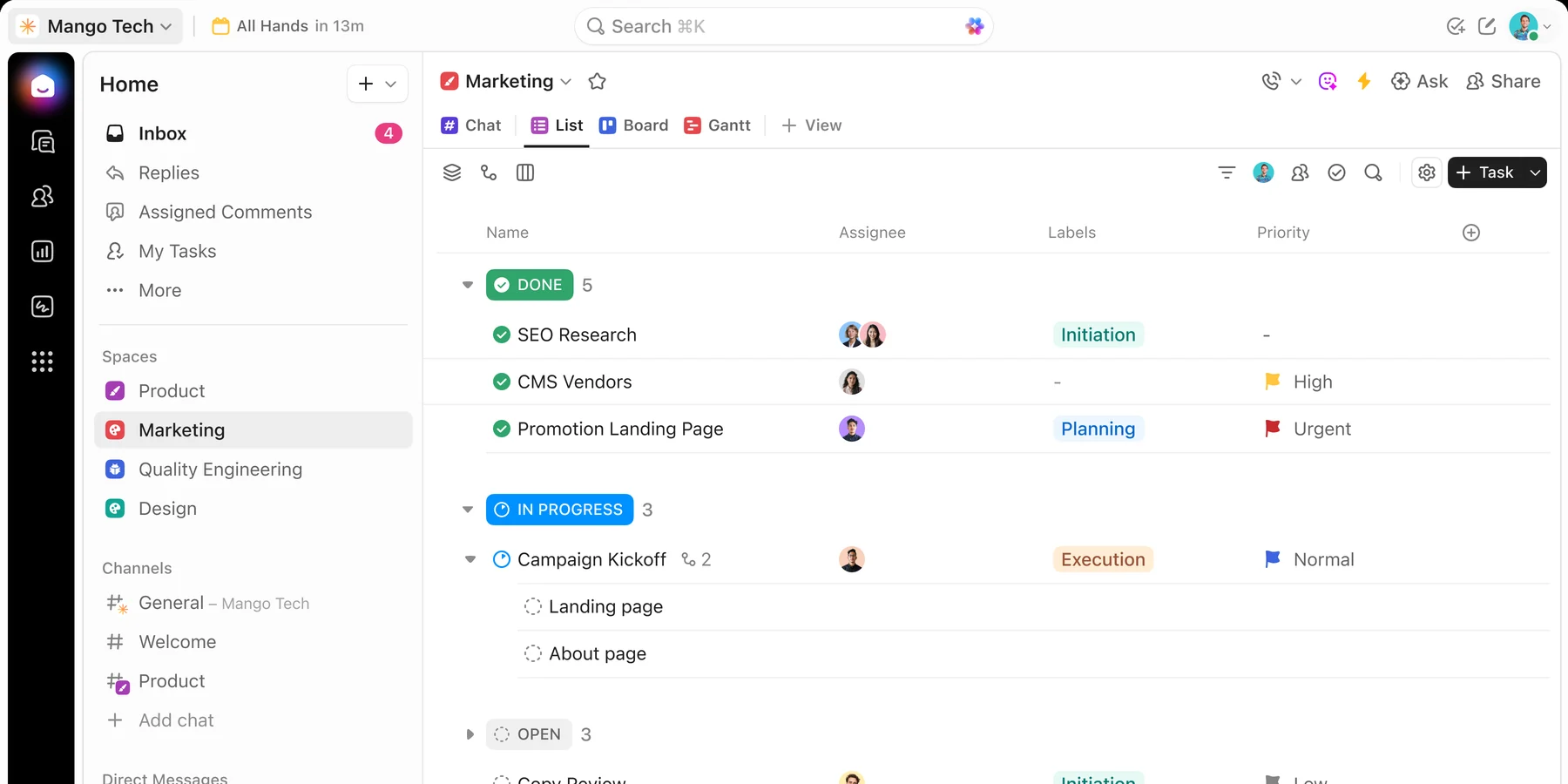 ClickUp: a Marketing space in List view, tasks grouped by status beside the full sidebar of spaces, channels, and messages