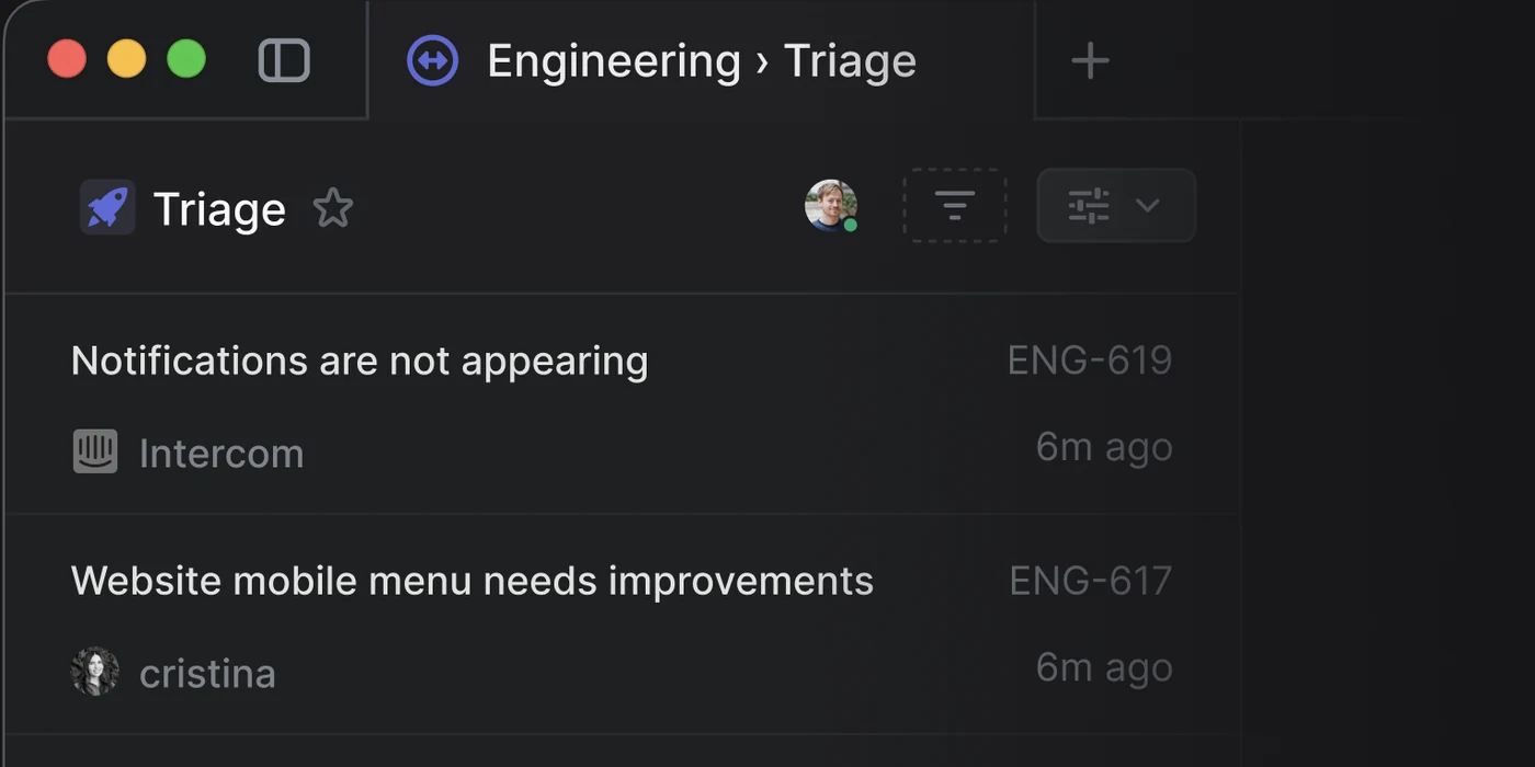 Linear: an Engineering team's Triage inbox, with incoming issues from Intercom, Sentry, and teammates waiting to be accepted