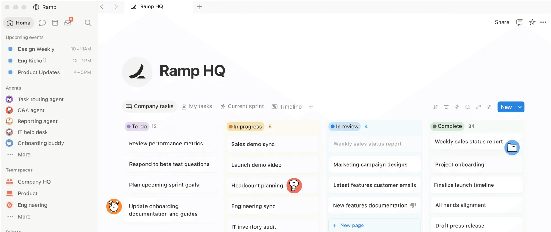 Notion: a workspace, Ramp HQ, with four columns of company tasks